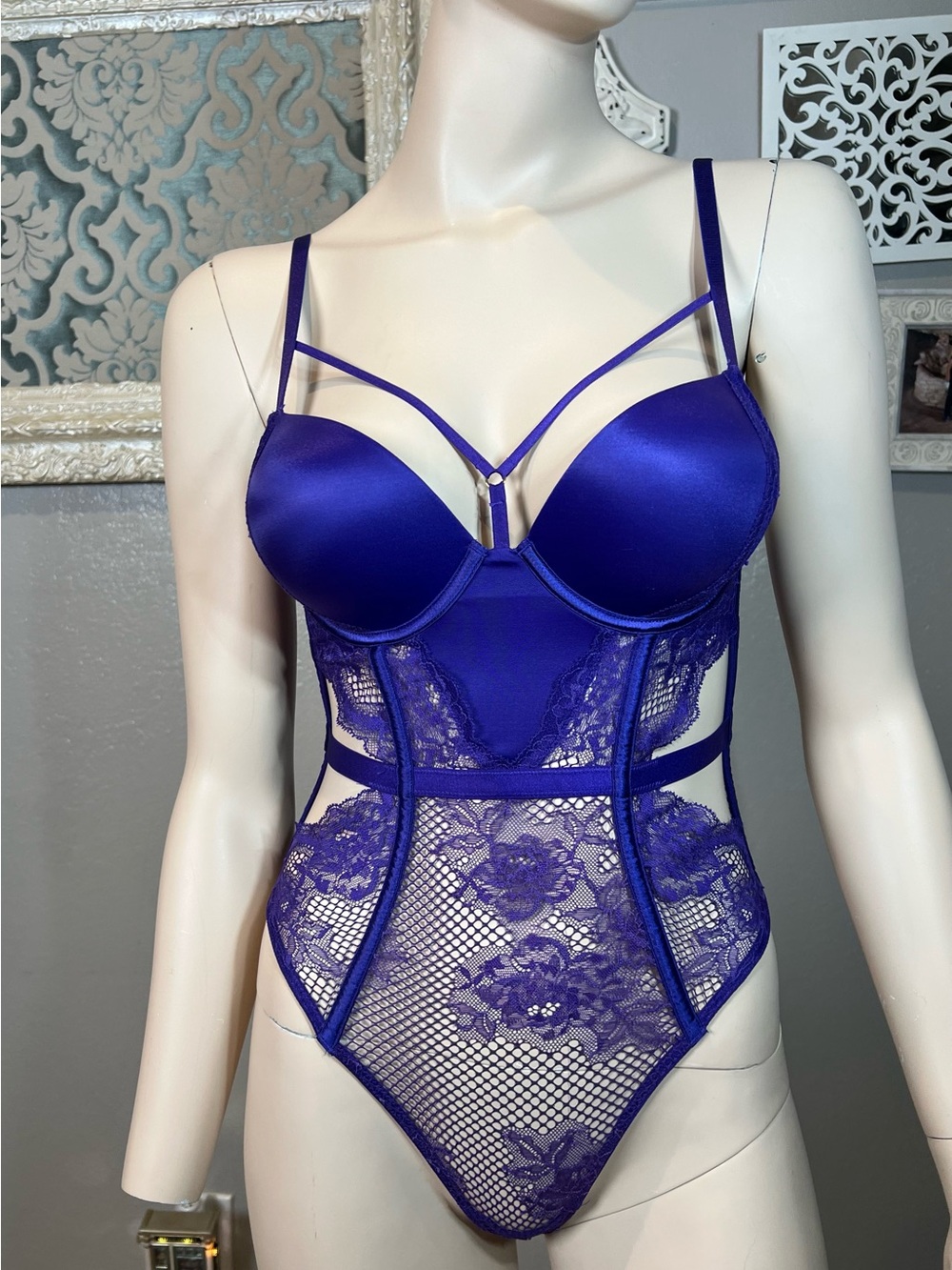 Victoria's Secret Deep Purple Lace & Satin Strappy Bodysuit - Picture 5 of 9